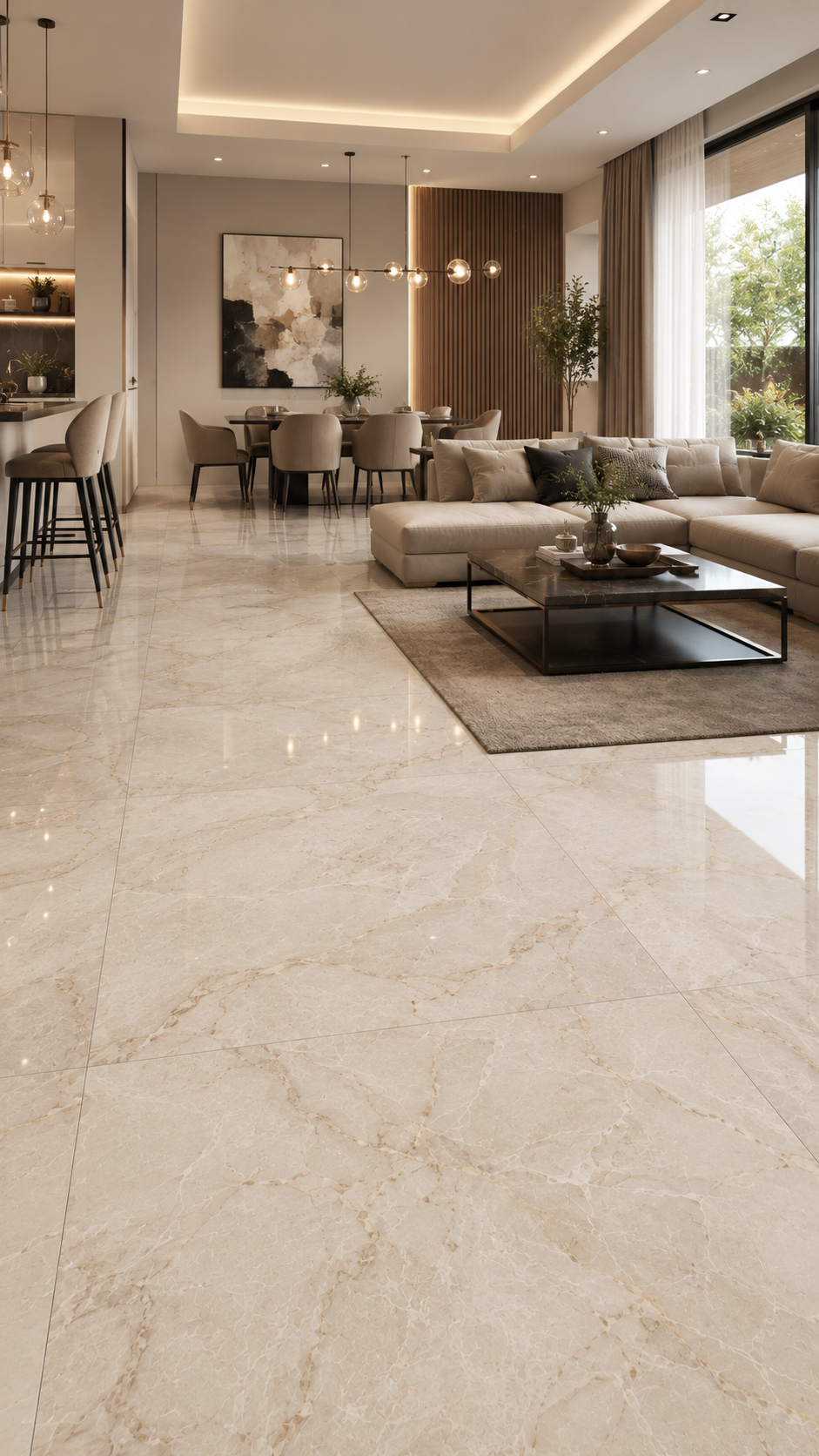 Living room with polished Modern Tiles floor tiles