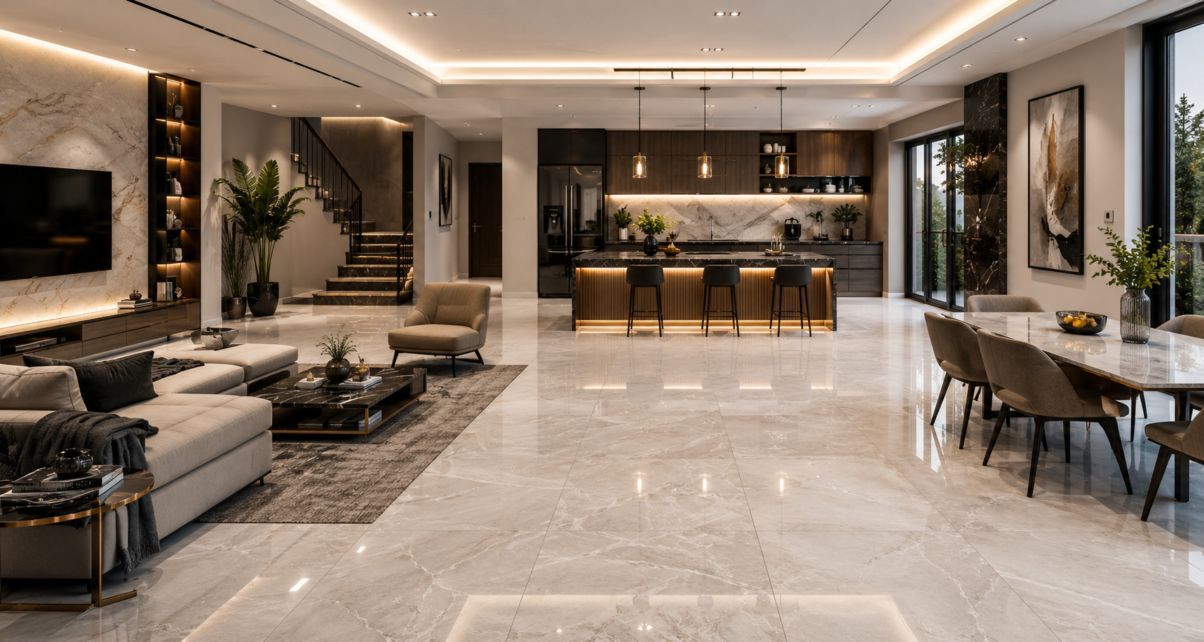 Open living room in Batkhela finished with polished marble floor tiles from Modern Tiles